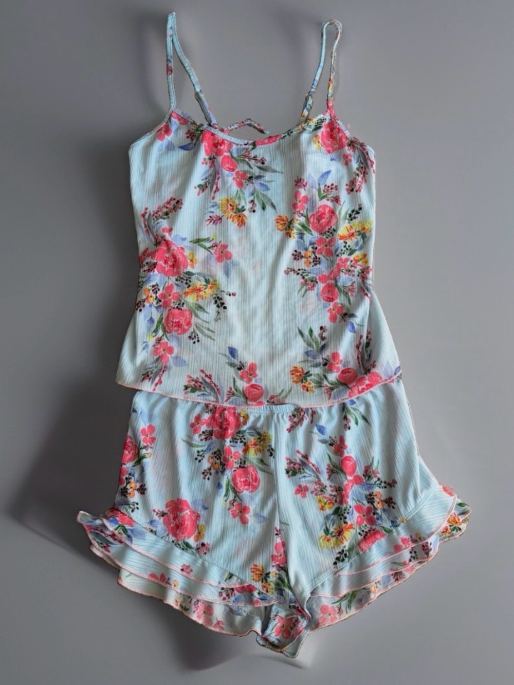 Secret Treasures Womens 2-Piece Pajama Set Floral Blue Cami Ruffle Shorts S